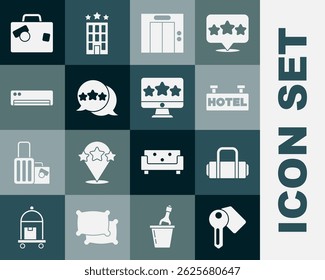 Set Hotel door lock key, Suitcase, Signboard with text, Lift, Five stars rating review, Air conditioner,  and  icon. Vector