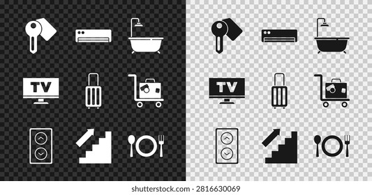 Set Hotel door lock key, Air conditioner, Bathtub with shower, Lift, Stairs up, Plate, fork and knife, Smart Tv and Suitcase icon. Vector