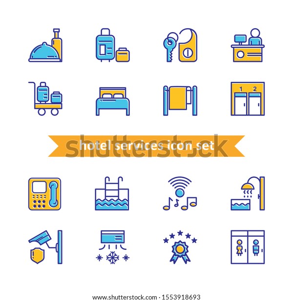 Set of Hotel\
icon with Blue and yellow line vector design, simple, modern and\
trendy for use of any project\
