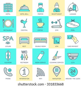 Set of hotel icons line. Hotel service. Logo, glyphs and pictogram collection. Vector illustration