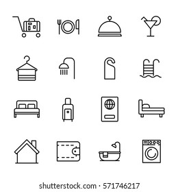 Set of hotel icons in modern thin line style. High quality black outline travel symbols for web site design and mobile apps. Simple hotel pictograms on a white background.