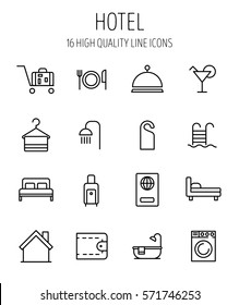 Set of hotel icons in modern thin line style. High quality black outline travel symbols for web site design and mobile apps. Simple hotel pictograms on a white background.