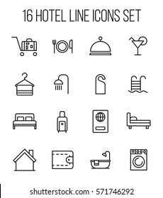 Set of hotel icons in modern thin line style. High quality black outline travel symbols for web site design and mobile apps. Simple hotel pictograms on a white background.