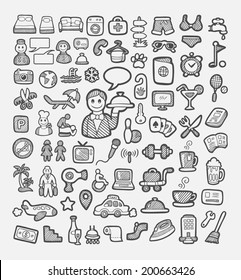 Set of hotel icons sketch. Good use for your website icons, symbol, sticker design, element, or any design you want. Easy to use, edit, or change color. Each object is a group