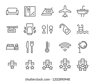 set of hotel icons, such as, bed, domitory, apartment, furniture, booking
