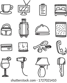 Eine Reihe von Hotelbildern, die für alle Gebäude und Stadtinhalte mit doodle-Cartoon-Stil geeignet sind