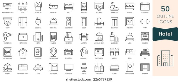Conjunto de iconos del hotel. Iconos de estilo lineal delgado Empaquetar. Ilustración vectorial