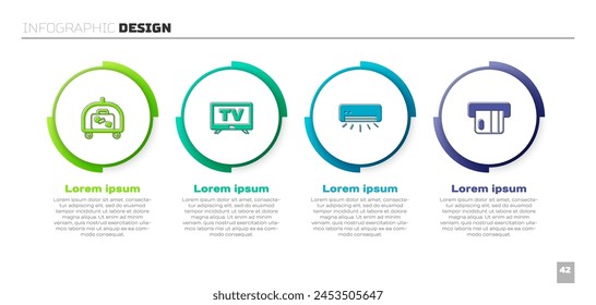 Set Hotel luggage cart, Smart Tv, Air conditioner and Credit card. Business infographic template. Vector