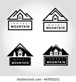 Set of Hotel Mountain badge label logo template icon graphic design and elements. Collection of simple symbols signs and emblems. Vector illustration of house with mountains in the background