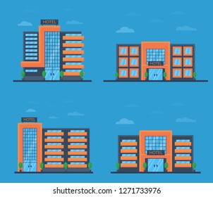Set of hotel or office building in flat style. Front facade view. Vector illustration.