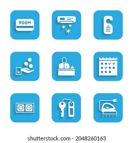 Set Hotel reception desk, door lock key, Electric iron, booking calendar, Electrical outlet, Paying tips, Please not disturb and card icon. Vector