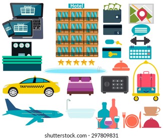 Set hotel. Reception, swimming pool and a suitcase. Vector illustration