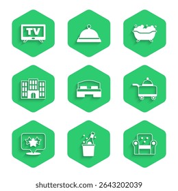 Set Hotel room bed, Bottle of champagne, Armchair, Covered with tray food, Stars rating, building, Bathtub and Smart Tv icon. Vector