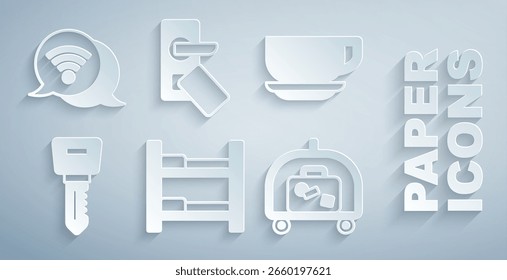 Cama de la habitación del hotel, taza de café, llave de la cerradura de la puerta, Carrito del equipaje, ícono de Internet inalámbrico digital y Wi-Fi. Vector
