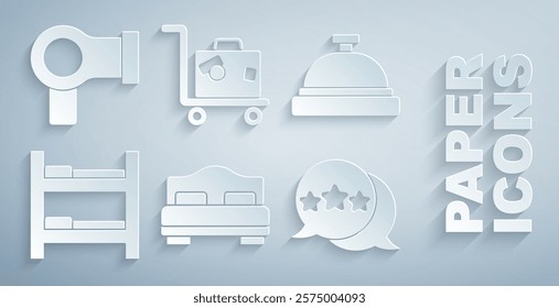 Set Hotel room bed, service bell, Five stars rating review, Suitcase and Hair dryer icon. Vector