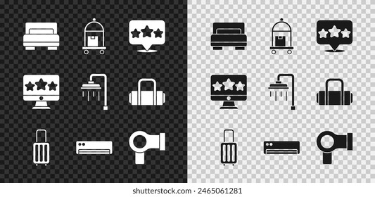 Set Cama de hotel, Maleta, Revisión de calificación de cinco estrellas, Aire acondicionado, Secador de pelo, y el icono de la ducha. Vector