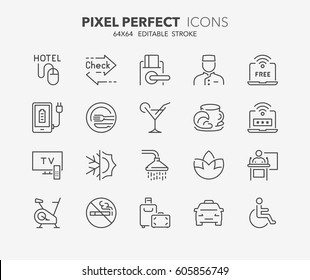 Set of hotel service amenities thin line icons. Contains icons as express check in-out, key card, conference hall, no smoking, accessibility and more. Editable vector stroke. 64x64 Pixel Perfect.