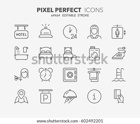Set of hotel service amenities thin line icons. Contains icons as cleaning service, room service, hairdressing, ironing, laundry and more. Editable vector stroke. 64x64 Pixel Perfect. ストックフォト © 