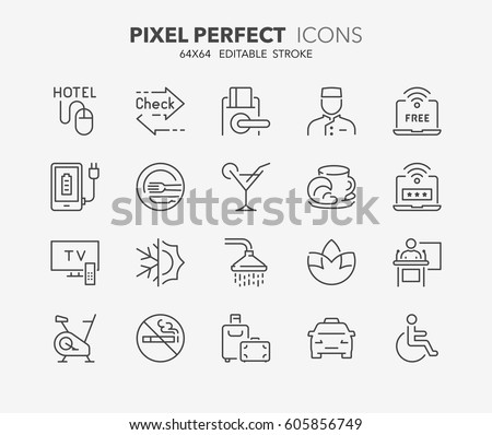 Set of hotel service amenities thin line icons. Contains icons as express check in-out, key card, conference hall, no smoking, accessibility and more. Editable vector stroke. 64x64 Pixel Perfect. ストックフォト © 