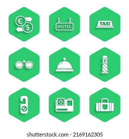 Set Hotel service bell, Action extreme camera, Suitcase, Lighthouse, Please do not disturb, Binoculars, Taxi car roof and Money exchange icon. Vector