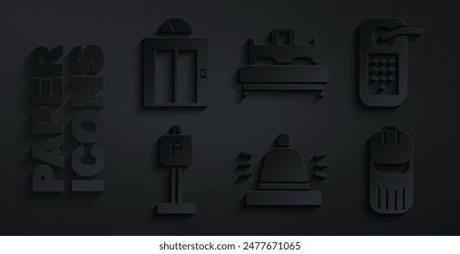 Set Hotel service bell, Digital door lock, Parking, Trash can, Bedroom and Lift icon. Vector