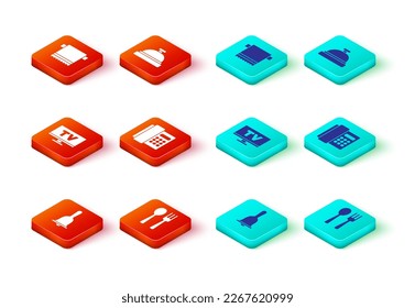 Set Hotel service bell, Fork and spoon, Smart Tv, Telephone handset,  and Towel hanger icon. Vector