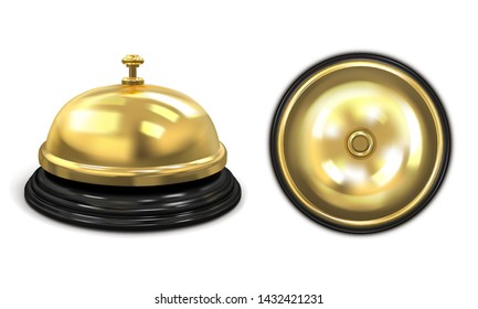 Set hotel service bell gold color. Front and top view. Vector illustration isolated on white background.