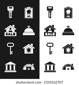 Set Hotel service bell, Hanging sign with Sale, House key, contract, shield, Warehouse and Museum building icon. Vector