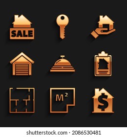 Set Hotel service bell, House plan, with dollar symbol, contract, Garage, Realtor and Hanging sign Sale icon. Vector