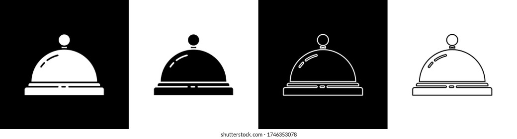 Establezca el icono del timbre del servicio del hotel aislado en color blanco y negro. Campana de recepción.  Ilustración vectorial