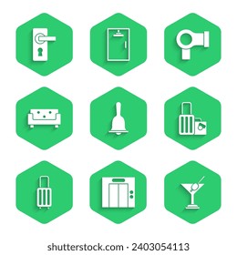 Set Hotel service bell, Lift, Martini glass, Suitcase, Sofa, Hair dryer and Door handle icon. Vector
