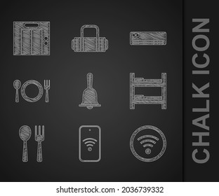 Set Hotel service bell, Mobile with wi-fi wireless, Wi-Fi, room bed, Fork and spoon, Plate, fork knife, Air conditioner and Lift icon. Vector