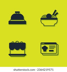 Set Hotel service bell, Online ordering and delivery, Cake and Asian noodles bowl icon. Vector