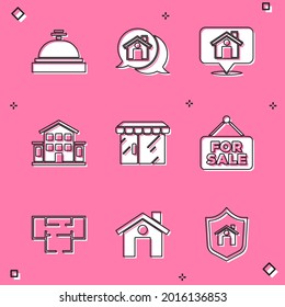 Set Hotel service bell, Real estate message house, Location with, House, Market store, Hanging sign For Sale, plan and  icon. Vector
