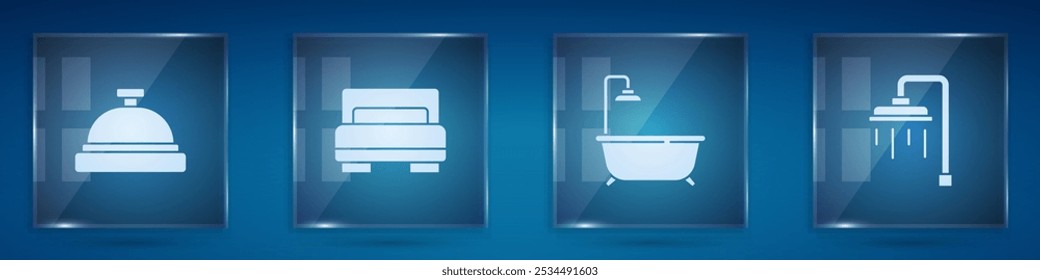 Set Hotel service bell, room bed, Bathtub with shower and Shower. Square glass panels. Vector