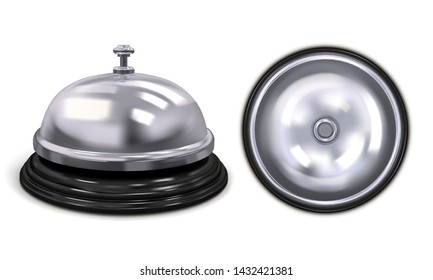 Set hotel service bell silver color. Front and top view. Vector illustration isolated on white background.