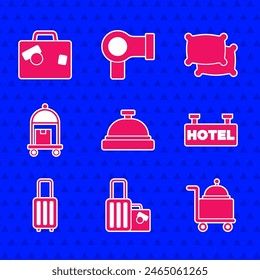 Set Hotel service bell, Suitcase, Covered with tray, Signboard text, Pillow and  icon. Vector