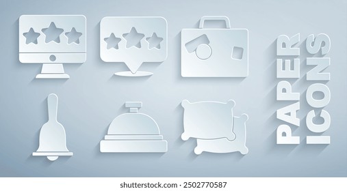 Set Hotel service bell, Suitcase, Pillow, Five stars rating review and  icon. Vector