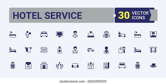 Set of Hotel Service line icon. Related to restaurant, travel, room service, reception, hospitality and more. Modern thin line style icons. Fast linear icon pack. Solid line editable stroke.