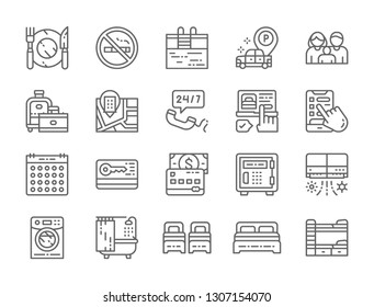 Set of hotel service line icons. Cutlery, travel bags, booking room, pool, air conditioner, washing machine, credit card, double bed, bathtub and more.