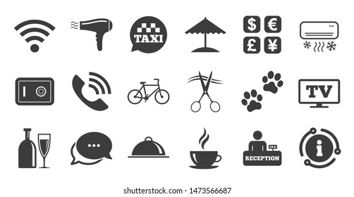 Set of Hotel services icons. Information, chat bubble icon. Phone call, Wifi internet and Currency exchange signs. Coffee, Wine bottle and Air conditioning symbols. Quality set. Vector
