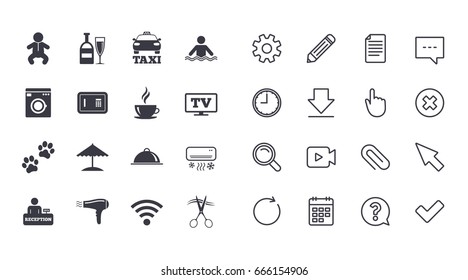 Set of Hotel services icons. Taxi, Wifi internet and Swimming pool signs. Coffee, Wine bottle and Air conditioning symbols. Calendar, Document and Download line signs. Pencil, Service and Search icons