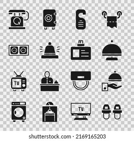 Set Hotel slippers, Covered with tray, Please do not disturb, service bell, Electrical outlet, Telephone handset and Identification badge icon. Vector