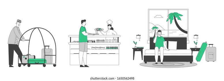 Set of Hotel Staff and Guests Isolated on White. Bellboy Pushing Cart with Luggage, Man Take Food in Restaurant or Cafe in Motel, Client in Room Call Home. Cartoon Flat Vector Illustration, Line Art