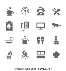 Set of  Hotel Vector Icons. Includes coffee, breakfast, washing, telephone and more.