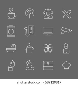 Set of  Hotel Vector Line Icons. Includes coffee, breakfast, washing, telephone and more. In gray background.
