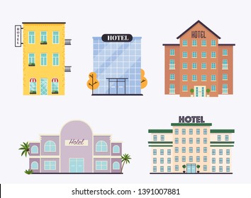 Conjunto de fachada hotelera. Ideal para las publicaciones de mercado web y el diseño gráfico. Ilustración vectorial de estilo plano.