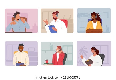 Set Hotline Operators Help Clients to Solve Problems. Smiling Friendly Male and Female Call Center Receptionists with Headset Working on Support Customers Line. Cartoon People Vector Illustration