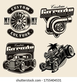 Set of hot-rod themed vector illustrations for logos, apparel, posters, and many other purposes.