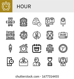 Set of hour icons. Such as Alarm clock, Wall clock, Cuckoo clock, Time, Second hand, Hourglass, Stopwatch, Contact us, Grip, Delivery date, Watchmaker , hour icons